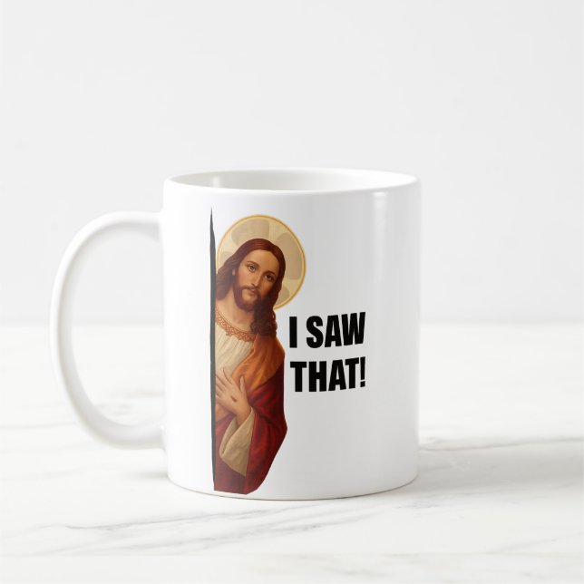 Rolig Jesus "Jag Såg Det" Kristet meme-design Kaffemugg (Vänster)