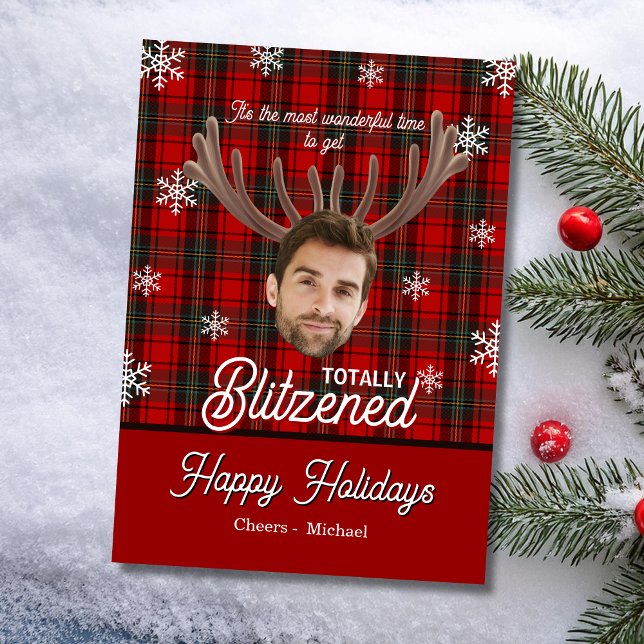 Rolig Jul Fotoface Blitzenad Sarksastisk Jul Julkort (Funny photo face holiday card it's the most wonderful time to get totally blitzened dry humor)