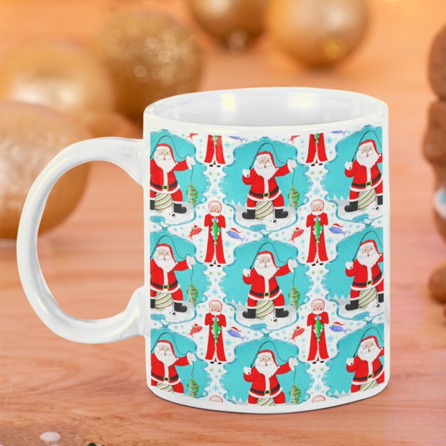 Rolig jul fru Claus slår tomten på fiske  Kaffemugg (Skapare uppladdad)
