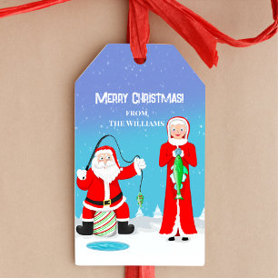 Rolig jul fru Claus slår tomten på fiske Presentetikett