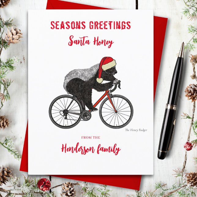 Rolig jul honungsgrävling på cykel anpassad helg vykort (Funny Santa honey badger on a bicycle custom holiday greetings postcard)