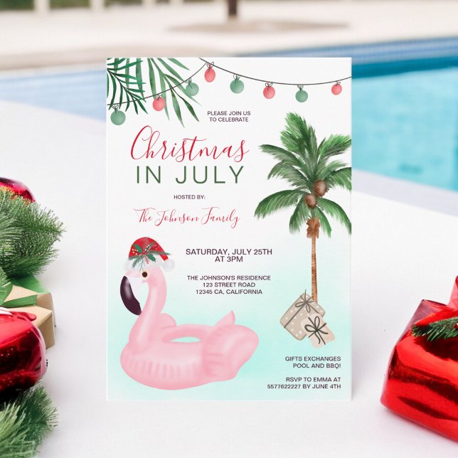 Rolig Jul i Juli Strand Tropisk Flamingo Inbjudningar (Fun Christmas in July beach tropical flamingo Invitation)