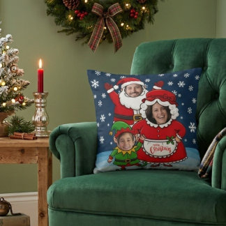 Rolig jul med eget ansikte till tomte, tomtemor oc kudde