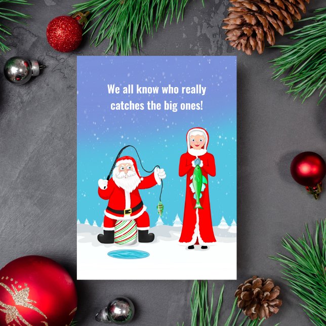 Rolig jul Mrs. Claus slår jultomten på fiske Kort (A funny card to send to your fishing buddy who can take a joke!)