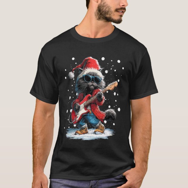 Rolig jul perserkatts musiker spelar gitarr t shirt (Framsida)