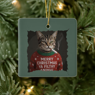 Rolig jul rökande katt sarkastisk semestermeme julgransprydnad keramik