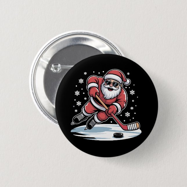 Rolig jul Santa spelar ishockey Xmas Knapp (Framsida & baksida)