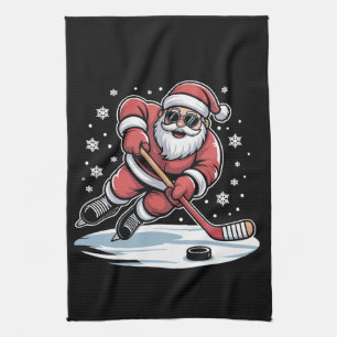 Rolig jul Santa spelar ishockey Xmas Kökshandduk