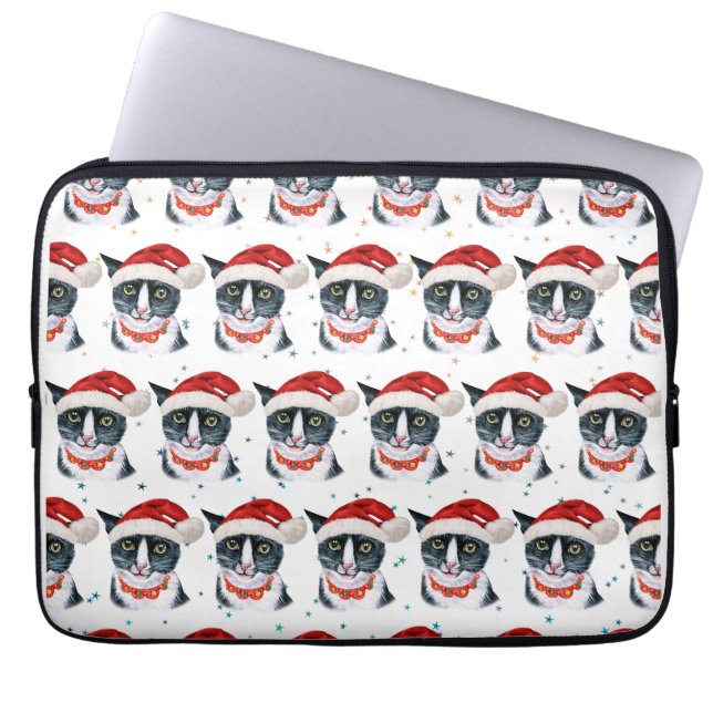 Rolig jul svart och vit katt akvarell laptop fodral (Framsidan)