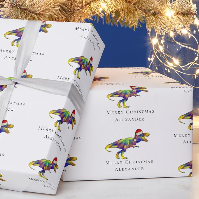 Rolig jul T-Rex Personlig Presentpapper (Funny christmas T-Rex dinosaur personalized boy name wrapping paper colorful funky Jurassic dino)