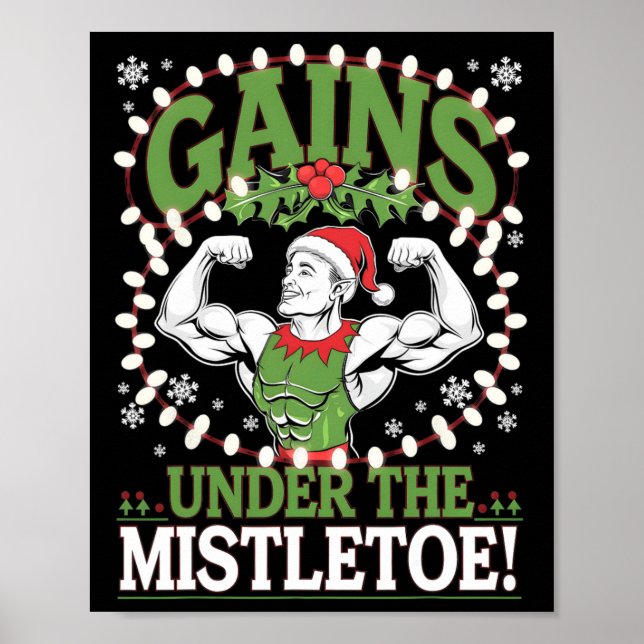 Rolig jul-tomte gym träning framsteg under misteln poster (Framsidan)