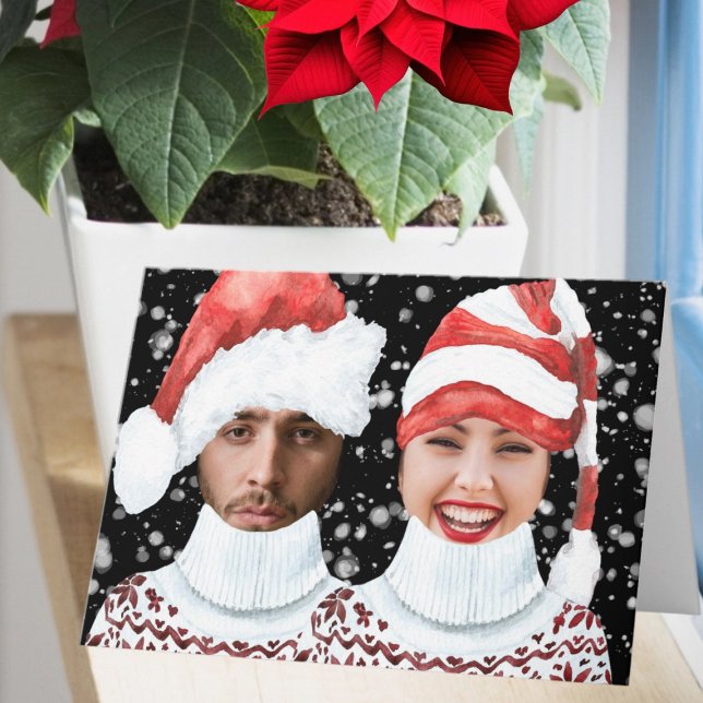 Rolig Julbild Tomte och Alv Personlig Jul Kort (Funny Photo Santa and Elf Personalized Christmas Card by Ricaso. Add your own faces to humorous card)