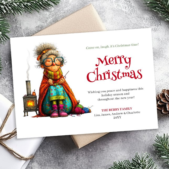 Rolig juldam Digitalt välkomstkort som kan rediger Julkort (Witty Holiday Woman Editable Digital Greeting)