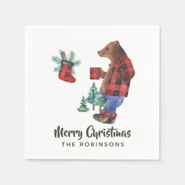 Rolig julfest med björn i lumberjackskläder och bu pappersservett