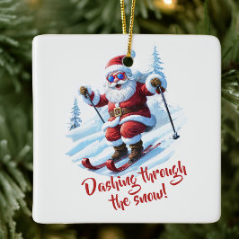 Rolig julgran med skidåkande tomte och dikt julgransprydnad keramik