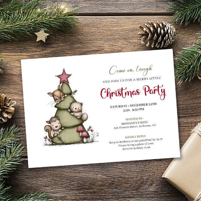 Rolig julgran serieteckning festlig festkort inbjudningar (Funny Christmas Tree Cartoon Festive Party Card)