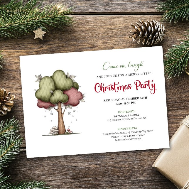 Rolig julgran söt vattenfärg festlig inbjudan (Funny Christmas tree cute watercolor party invite)