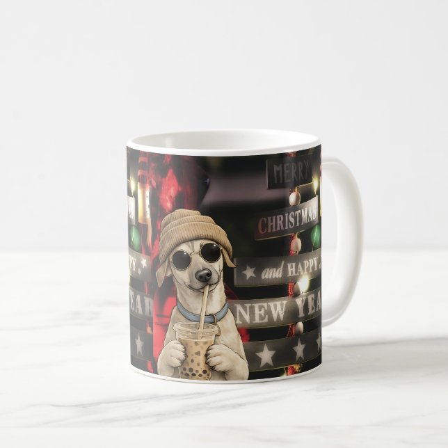 Rolig julhund dricker bubbel-te kaffemugg (Framsida höger)