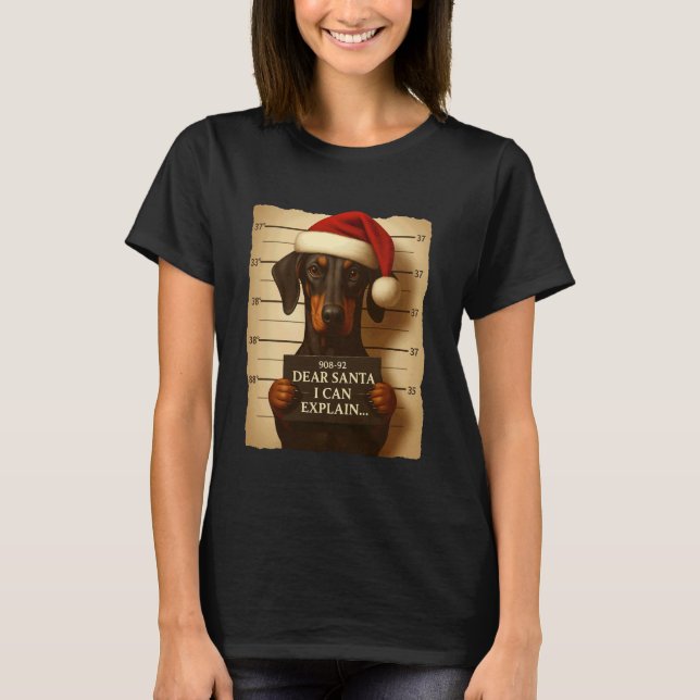 Rolig julhund - Söt Doberman Santa hatt t-shirt (Framsida)