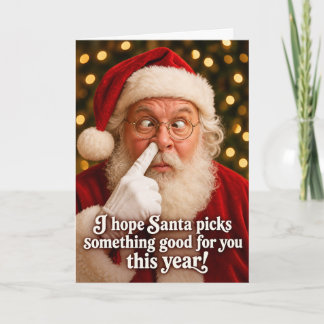 Rolig julkort med tomte som plockar näsborrar helgkort