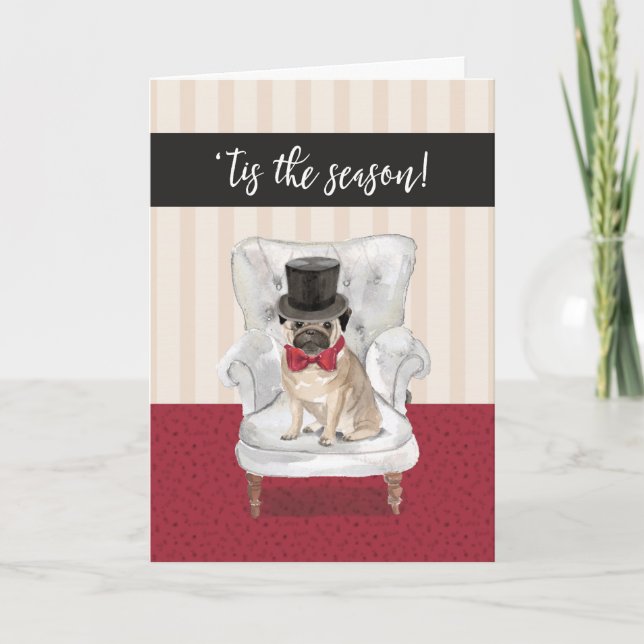 Rolig julmopshund i top hat och pilbåge helgkort (Framsida)