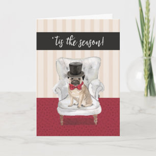 Rolig julmopshund i top hat och pilbåge helgkort