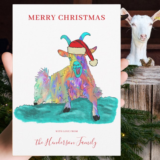 Rolig julskrikande get som bär en tomtehatt julkort (Funny Christmas screaming goat wearing a Santa hat custom holiday greetings card colour animal art)