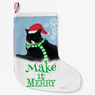 Rolig julsmokingkatt liten julstrumpa