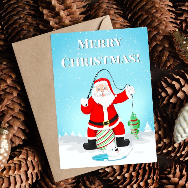 Rolig jultomte isfiskar med isbjörn kort (Calling all fisherman! this holiday card will leave you laughing. )