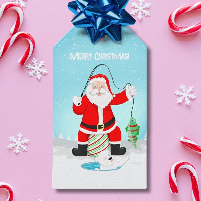 Rolig jultomte isfiskar med isbjörn presentetikett (Skapare uppladdad)