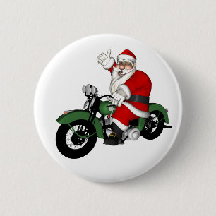 Rolig jultomte på grön vintage motorcykel knapp