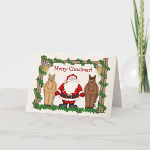 Rolig jultomten med hästgod jul helgkort