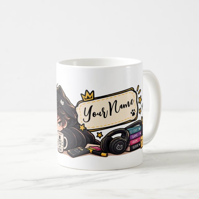 Rolig Kaffe Anime Katt Namn Chibi Kaffemugg (Framsida höger)