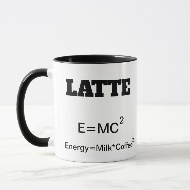 Rolig kaffemugg en vetenskapsvits E=MC2. (Vänster)