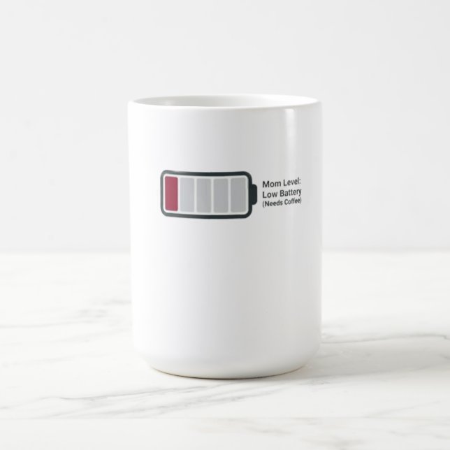 Rolig kaffemugg med texten "Mamma-nivå: Låg batter (Center)