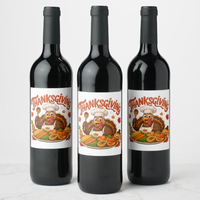 Rolig kalkon kock Thanksgiving middag Vinflaska Etikett (Flaskor)