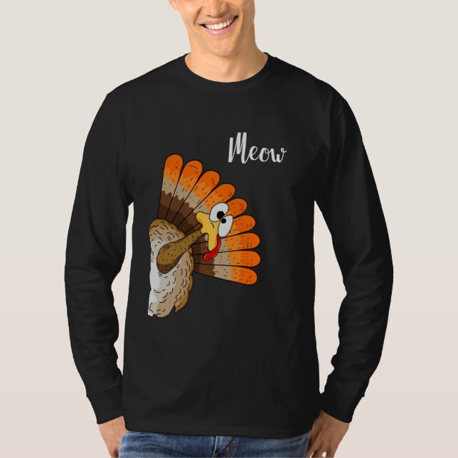 Rolig Kalkon Mjau Tacksgiving Tecknad Humor Grafik T Shirt (Framsida)