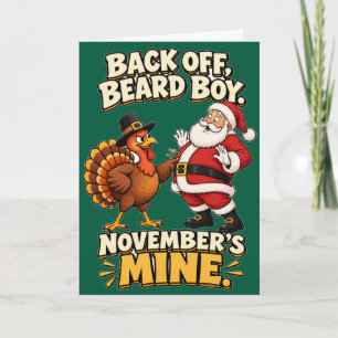 Rolig kalkon vs tomte Thanksgiving november humor Kort