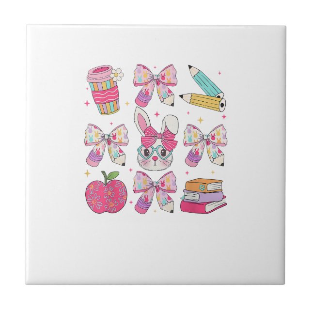 Rolig kanin Coquette Bow Rabbitlektion Påsk Retro Kakelplatta (Framsidan)