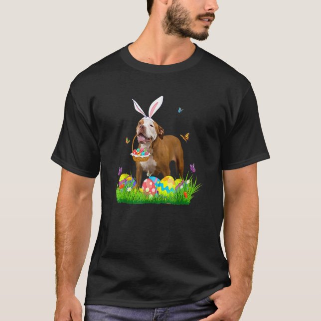 Rolig kanin Pit Bull med äggkorg Påskblomma T Shirt (Framsida)