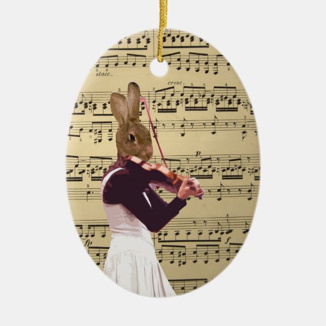 Rolig kaninkaninviolinist julgransprydnad keramik (Framsidan)