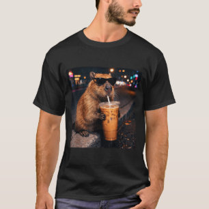 Rolig kapybara som dricker iskaffe älskare djur t shirt
