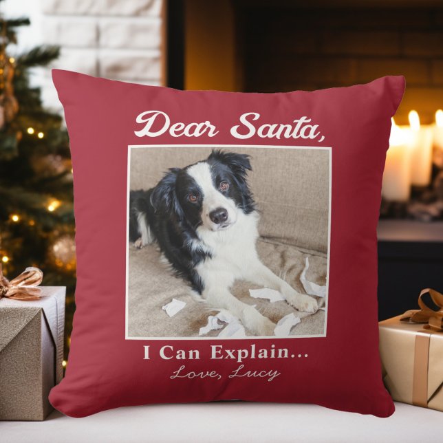 Rolig Kära Tomte Katt Jul Foto Kudde (Funny Dear Santa Cat Christmas Photo Throw Pillow)