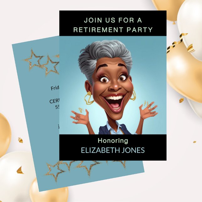 Rolig Karikatyr Pensionärsfest  Inbjudningar (Funny Retirement Party Caricature Lady Invitation)
