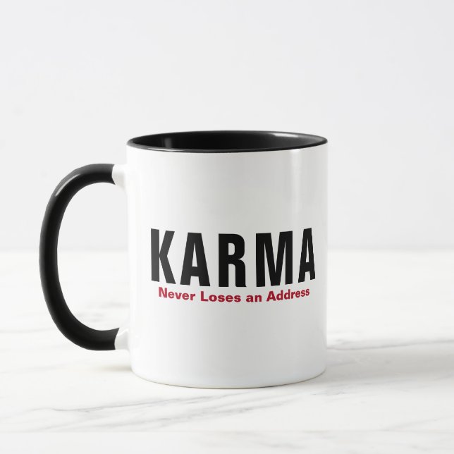 Rolig Karma-mugg - "Glömmer aldrig en adress" kopp (Vänster)