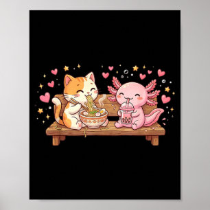 Rolig Katt Axolotl Äter Ramen Nudlar Boba Kawaii Poster