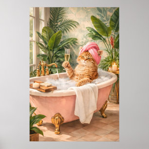 Rolig Katt Badrum Affisch, Champagne Print, Whimsi Poster