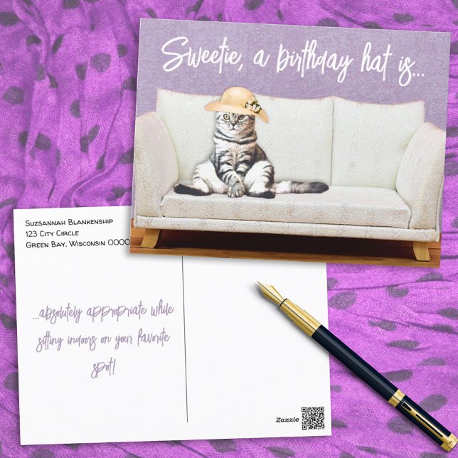 Rolig katt blommig solhatt anpassad födelsedagskor vykort (Skapare uppladdad)