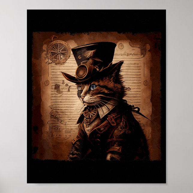 Rolig Katt Cowboy Steampunk Poster (Framsidan)