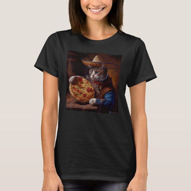 Rolig katt cowboypizza t shirt (Framsida)